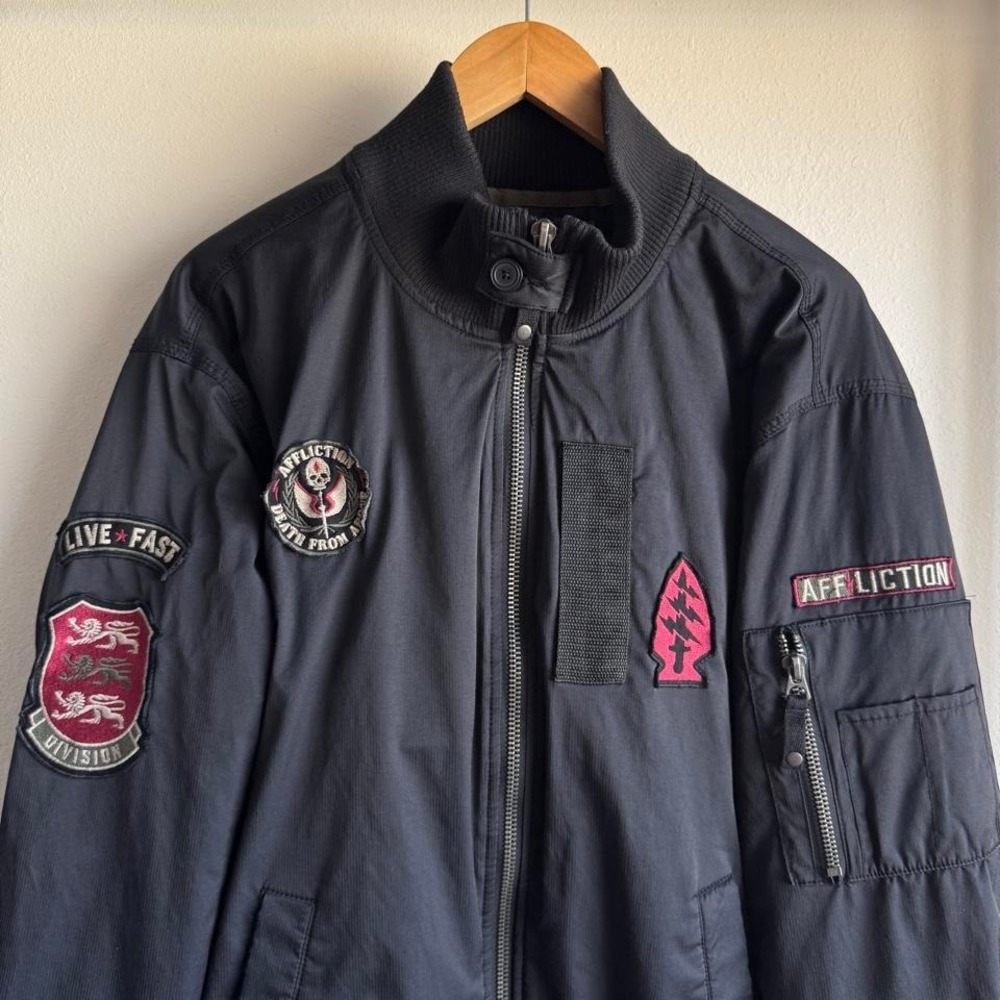 Affliction Black Premium Bomber Jacket Live Fast Lion Crest Patches Sz L